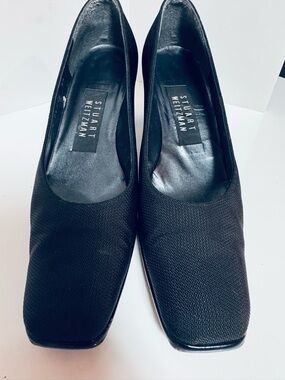 Stuart Weitzman Black Textured Square-Toe Pumps - Classic Dress Heels